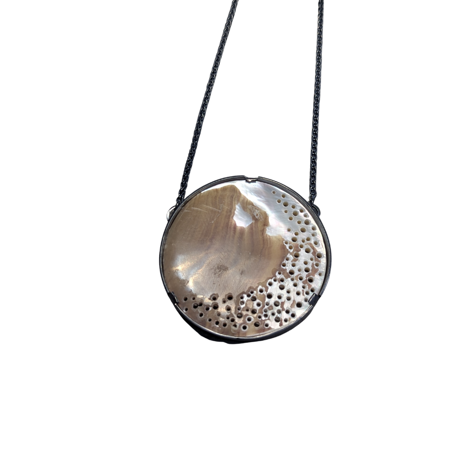 ANNE MORGAN - Mother of Pearl erosion pendant on oxidised chain