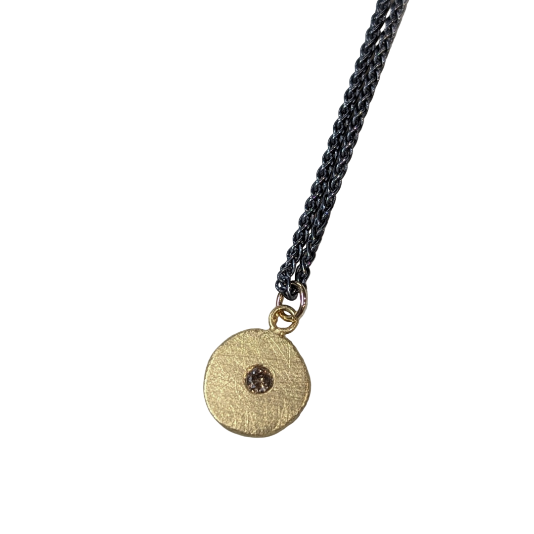 ANNE MORGAN - 18ct yellow gold moon disc pendant with brown diamond
