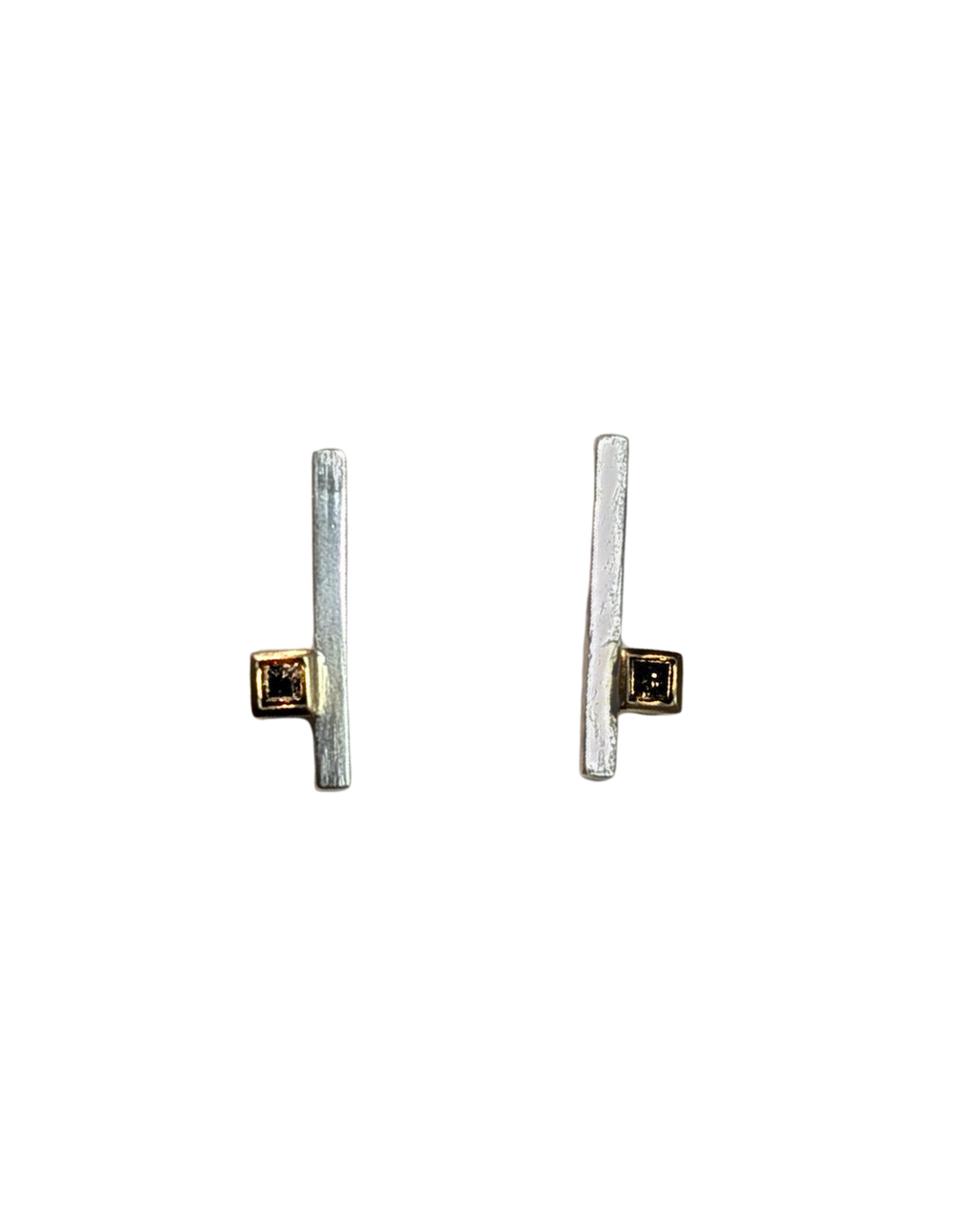 LUCY BURKE - Silver stick earrings with sqaure 2.5mm dias & 9ct yellow gold settings