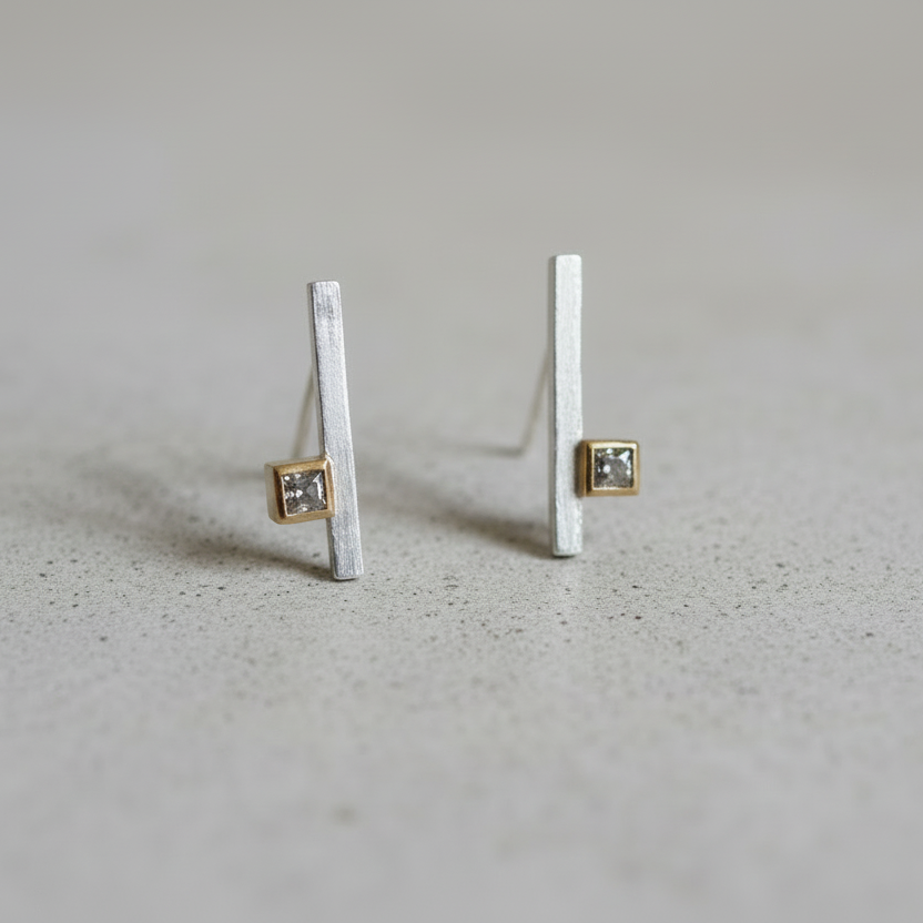 LUCY BURKE - Silver stick earrings with sqaure 2.5mm dias & 9ct yellow gold settings