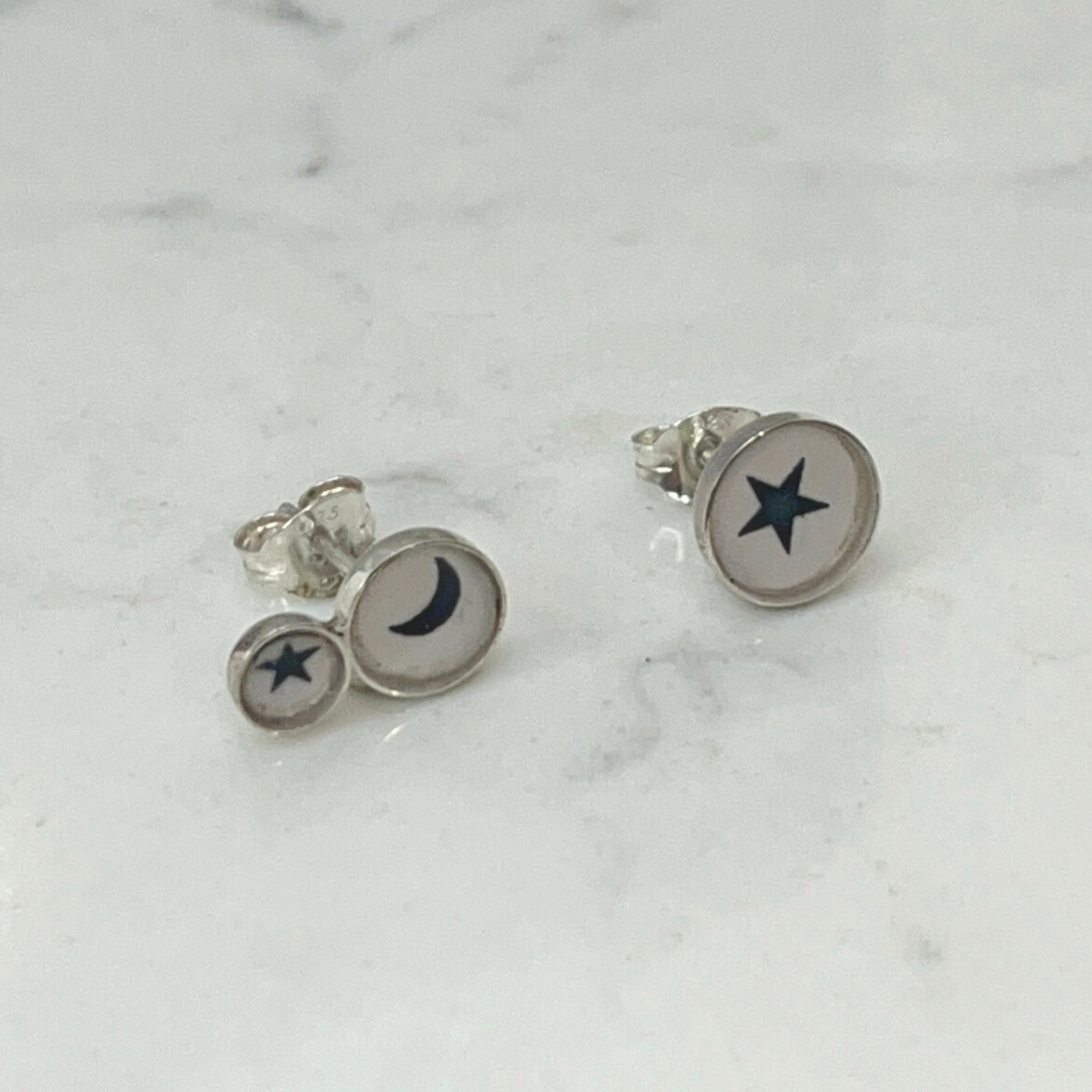 CLARE COLLISON - Offset Sterling Silver Studs - Stars and Moons