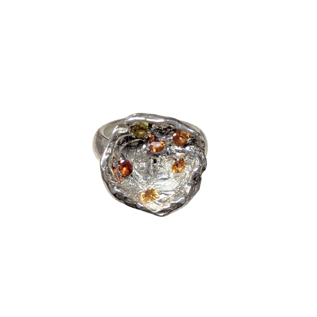 CLAIRE QUICK - Textured sterling silver and orange sapphire dome ring with 6 Australian sapphires, and wide silver ring shank