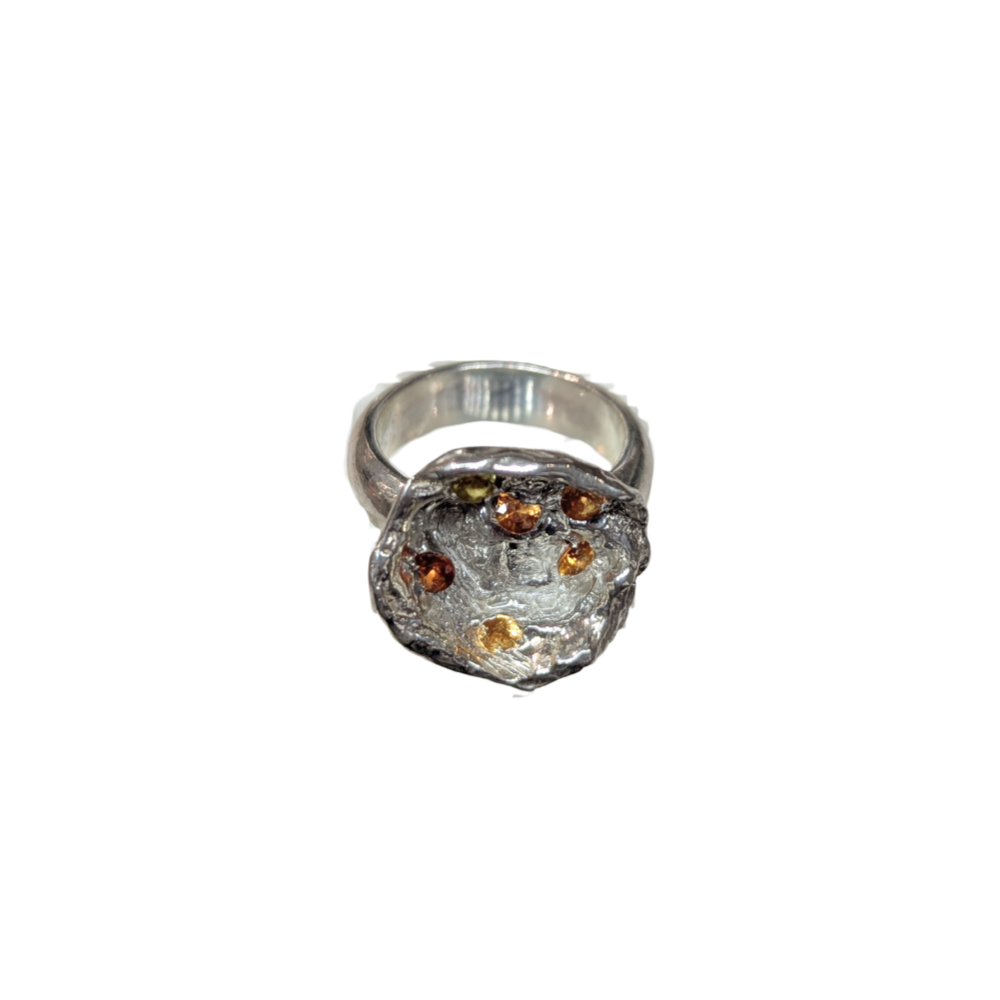 CLAIRE QUICK - Textured sterling silver and orange sapphire dome ring with 6 Australian sapphires, and wide silver ring shank