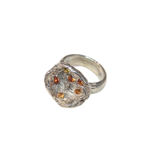 CLAIRE QUICK - Textured sterling silver and orange sapphire dome ring with 6 Australian sapphires, and wide silver ring shank