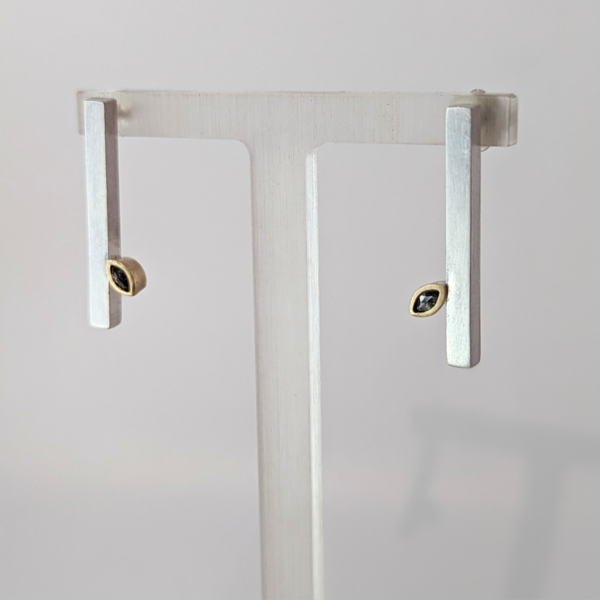 LUCY BURKE - Silver Bar Studs with Grey Marquis Diamonds
