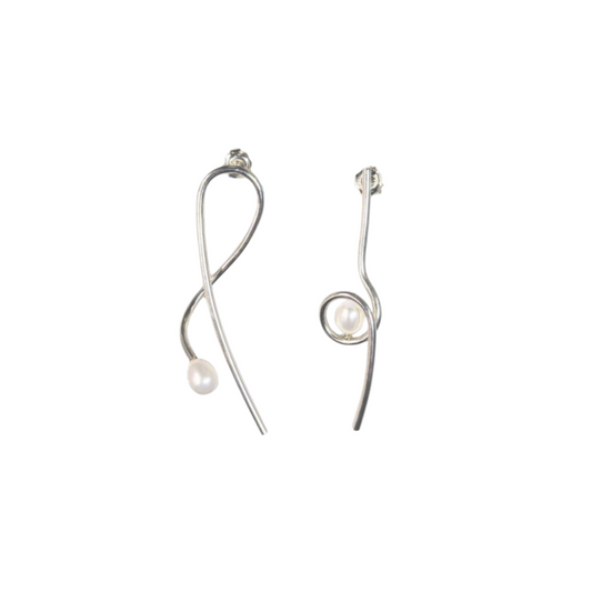 ANNE MORGAN - Athena Asymetrical (swoop & loop) long wire studs with pearls