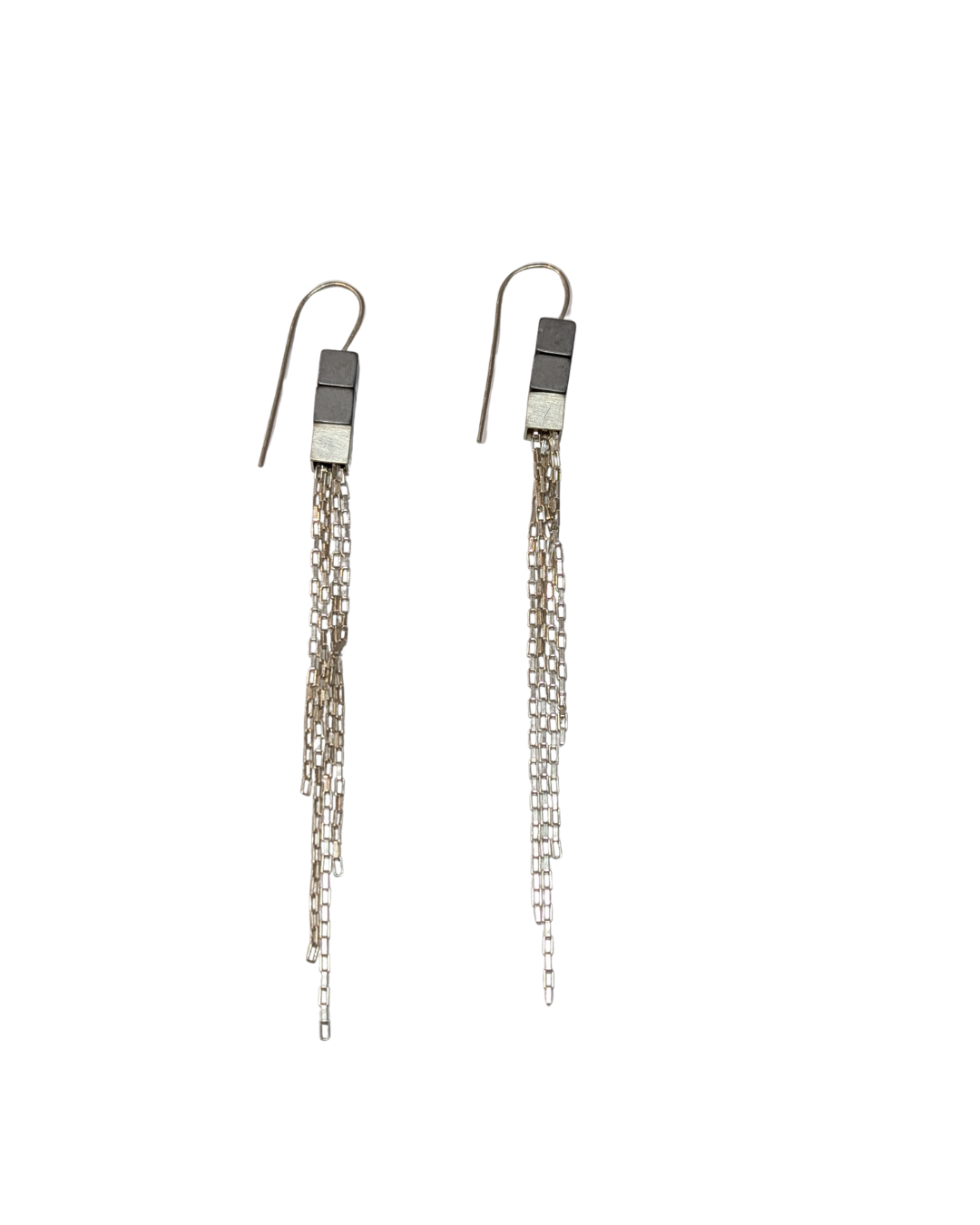 LUCY BURKE - Hematite cube hook earrings with silver cube & chain