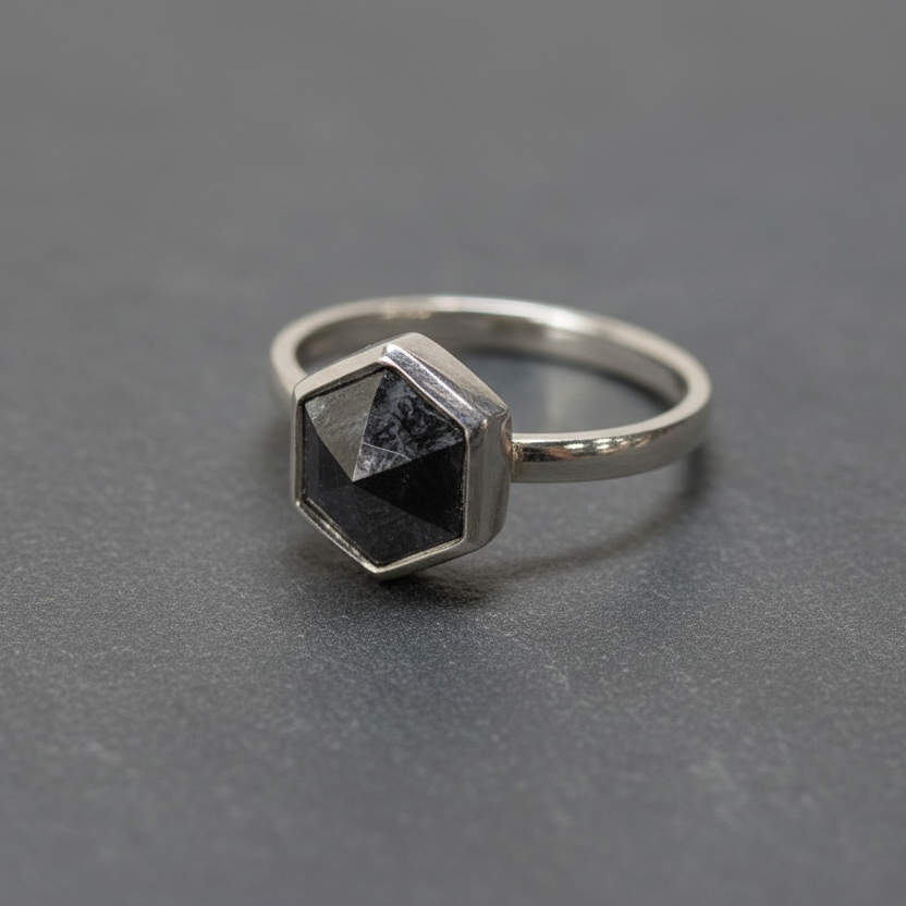 ANNE MORGAN - 18ct white gold hex diamond ring, size p