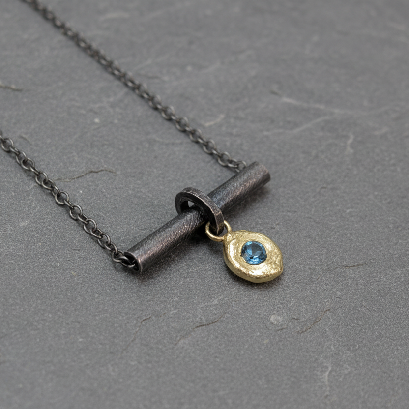 ANNE MORGAN - Oxidised Tube & Chain with 18ct Gold Blue Tourmaline Pendant