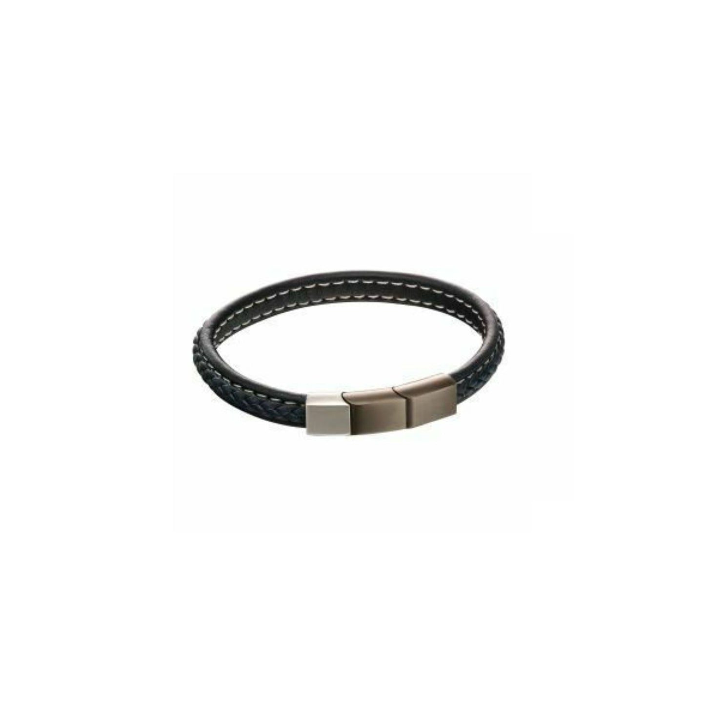 FRED BENNETT - Navy leather plaited /brushed stainless steel gunmetal bracelet