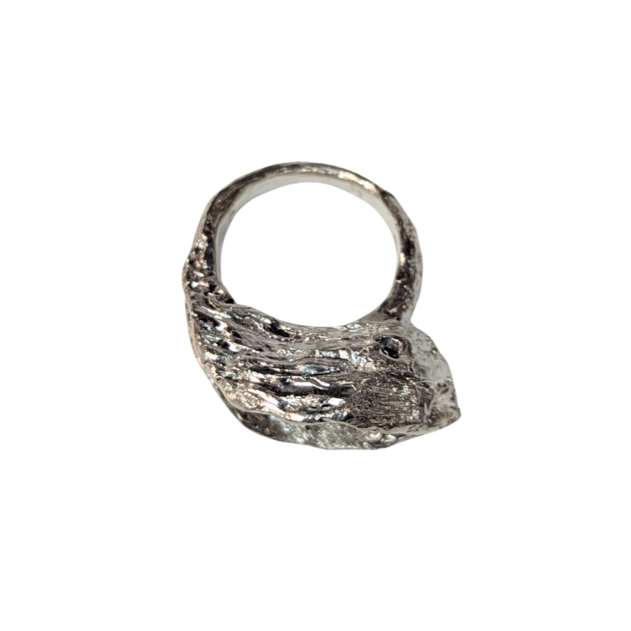 CLAIRE QUICK - Deep off set textured cup ring with 3 blue moissanites in the cup