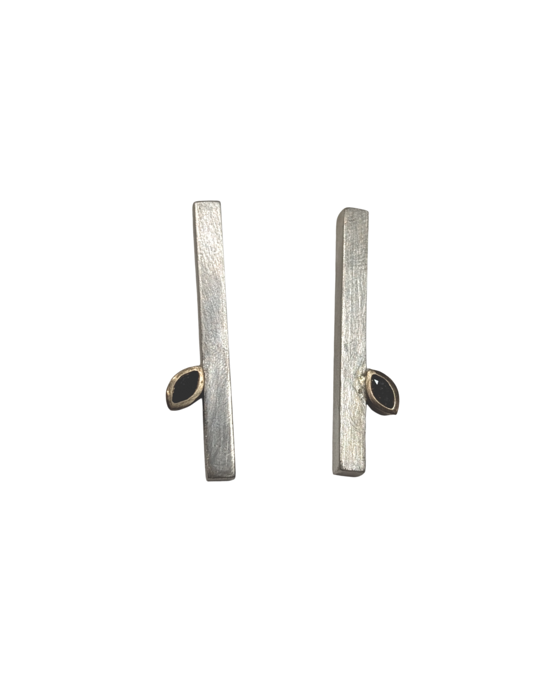 LUCY BURKE - Silver bar studs with marquis grey dias & 9ct yg settings