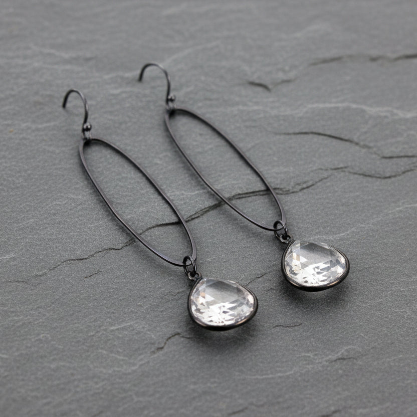 ANNE MORGAN - Oval large oxidised silver earrings with Clear quartz Chalcedony stone drop £95.00