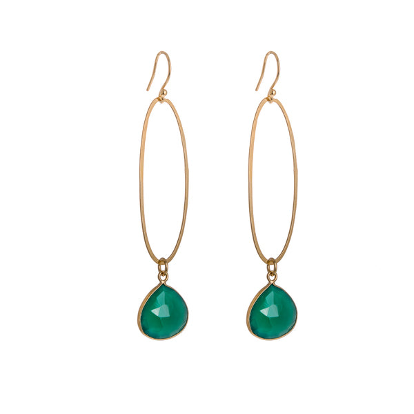 ANNE MORGAN - Oval large gold plated earrings with green onyx stone