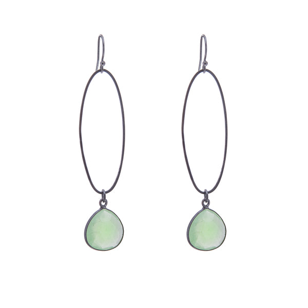 ANNE MORGAN - Oval large silver/oxidised drop earrings with Chalcedony stone