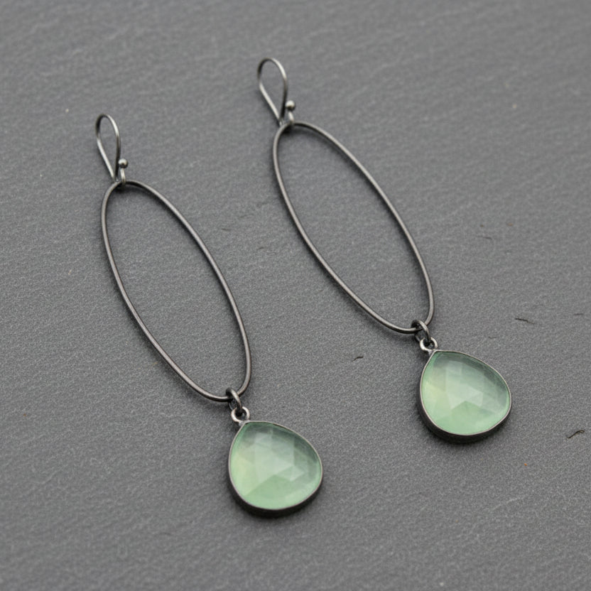 ANNE MORGAN - Oval large silver/oxidised drop earrings with Chalcedony stone