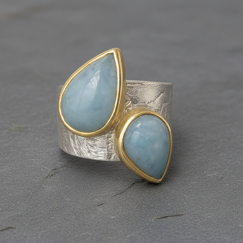 ANNE MORGAN - Luna ring with two pair shape cabochon aquamarines