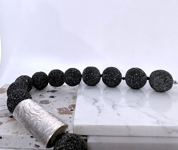 ANNE MORGAN - Lava Bead Necklace with Reticulated Silver Bead and T-bar Clasp
