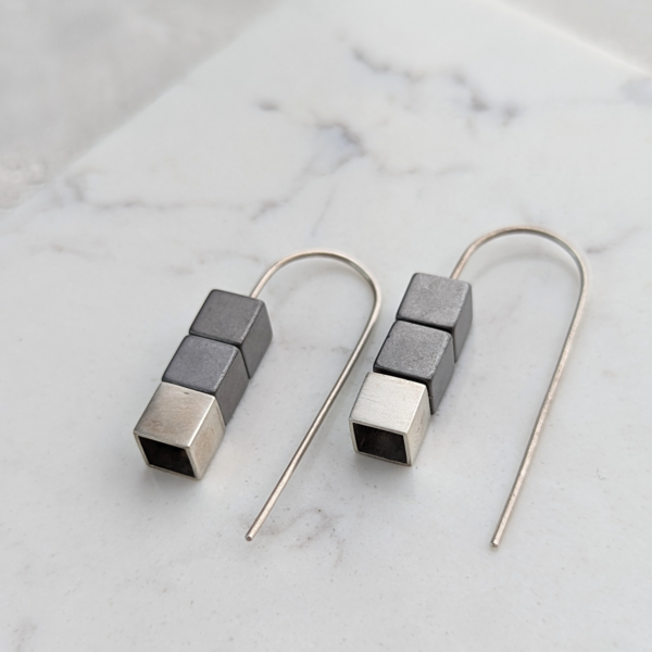 LB58 Hematite cube hook earrings with silver cube
