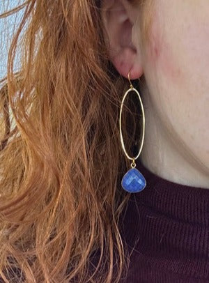 ANNE MORGAN Oval earrings with a lapis in yellow gold plate on to sterling silver.