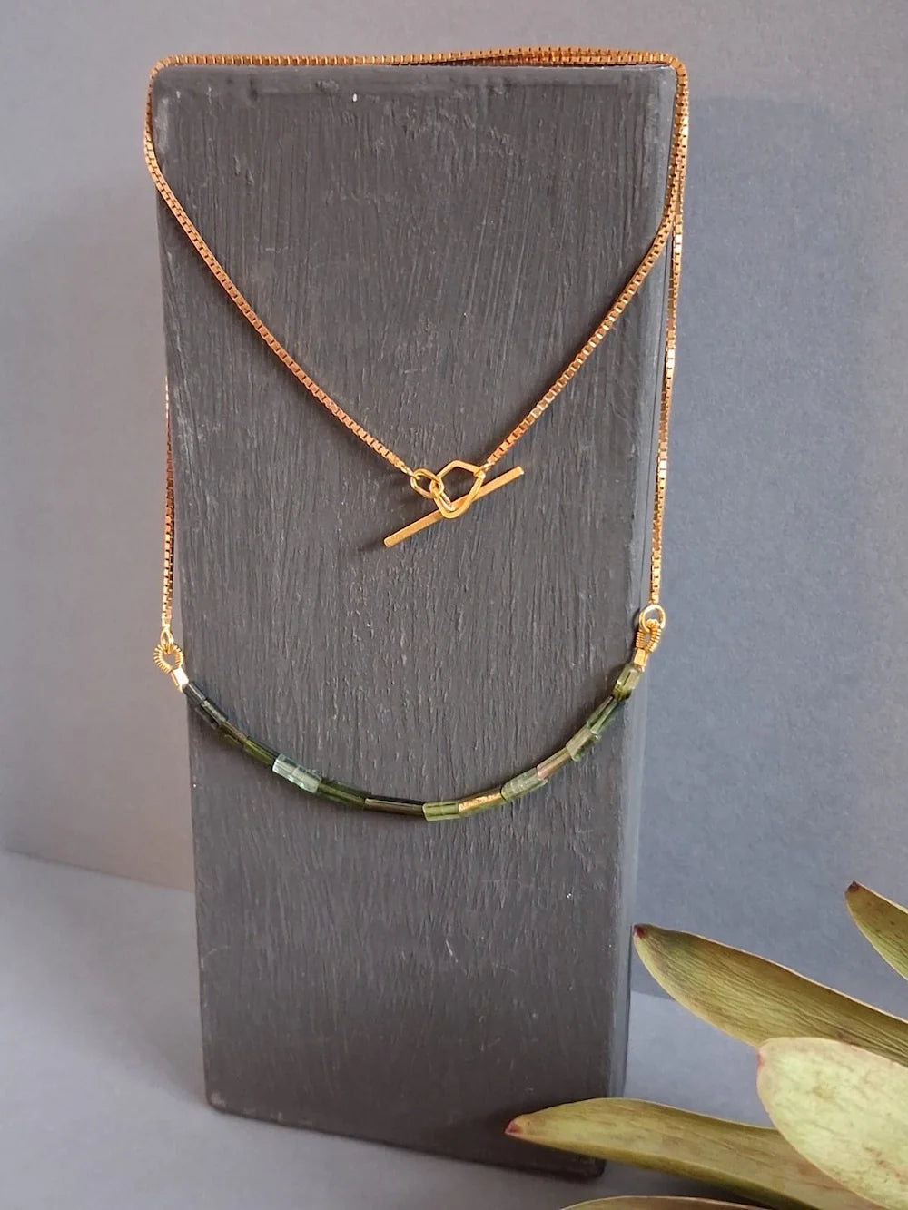 BEA JARENO - Indian Summer Necklace Recycled 24ct Yellow Gold Vermeil with Tube Organic Green Tormaline Gemstones