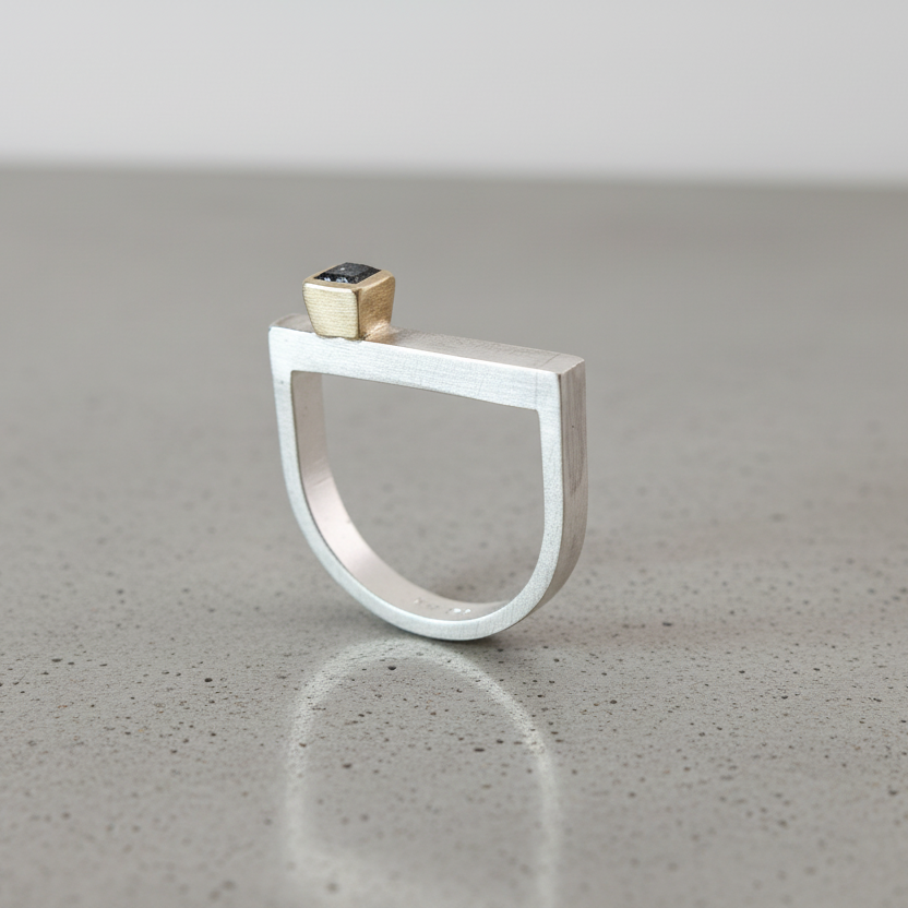LUCY BURKE - D Ring with Grey Diamond, Sterling Silver & 9ct Gold