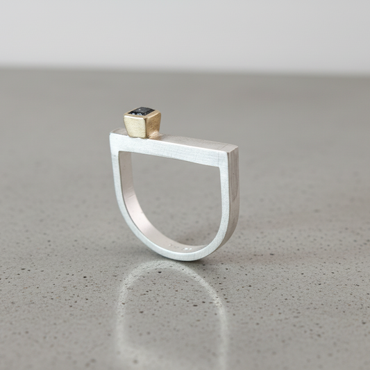 LUCY BURKE - D Ring with Grey Diamond, Sterling Silver & 9ct Gold