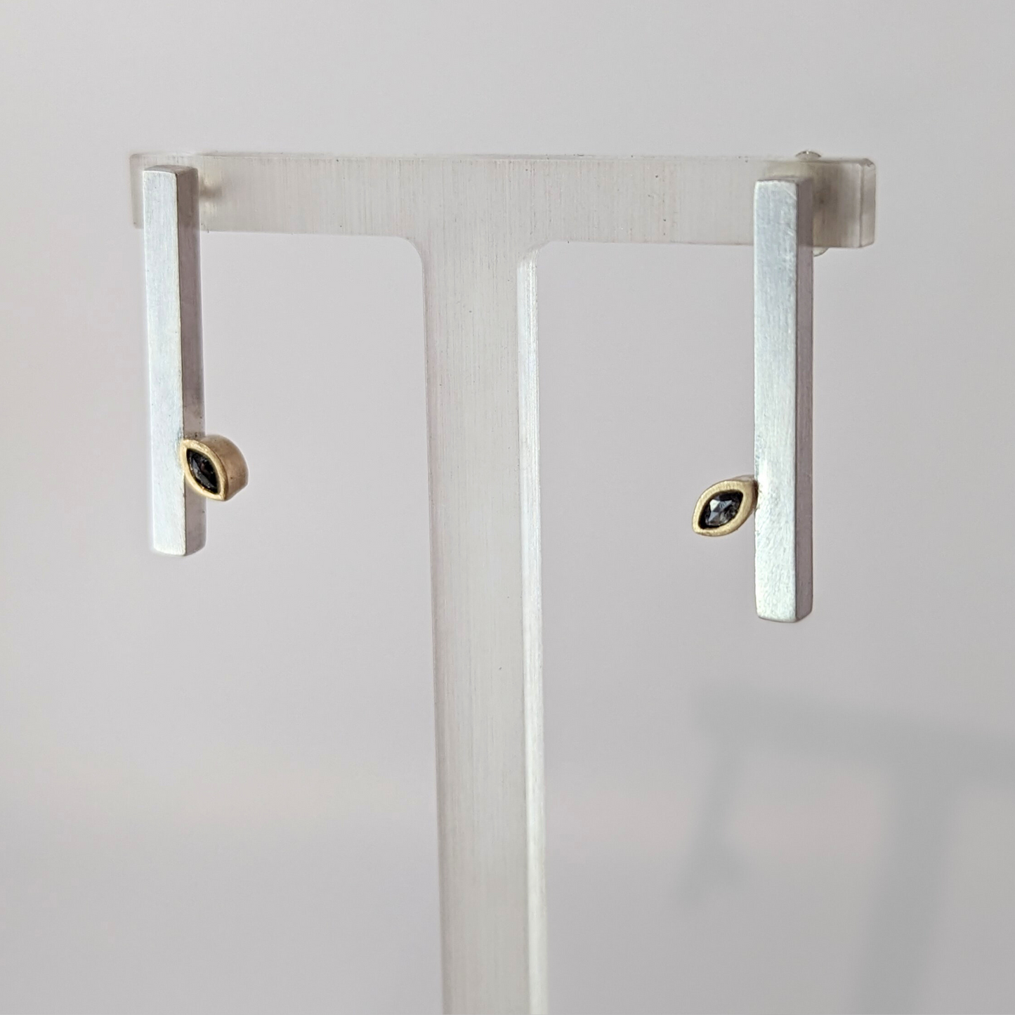 LUCY BURKE - Bar Studs with Marquis Grey Diamonds, Sterling Silver & 9ct Gold