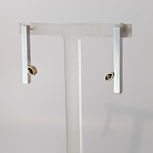 LUCY BURKE - Bar Studs with Marquis Grey Diamonds, Sterling Silver & 9ct Gold