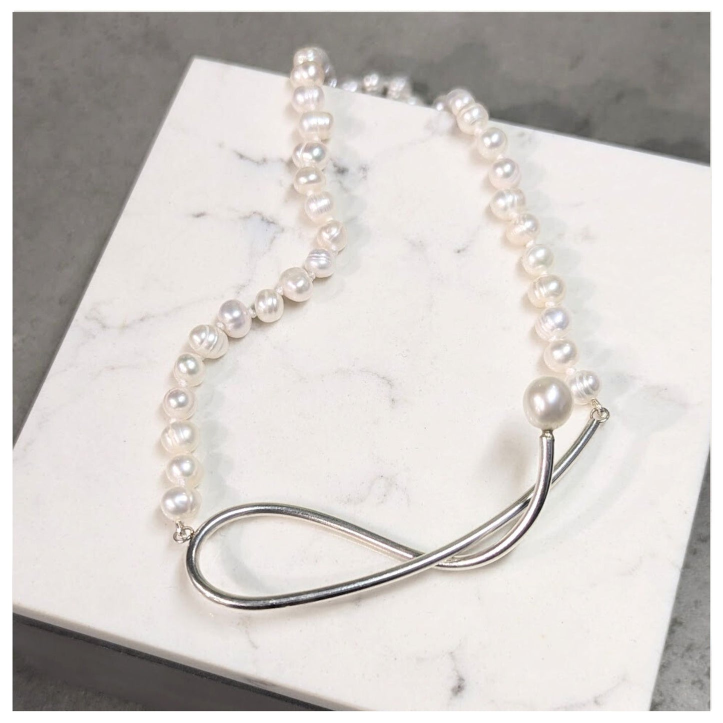 ANNE MORGAN Athena Swoop Sterling Silver Necklace on Pearls