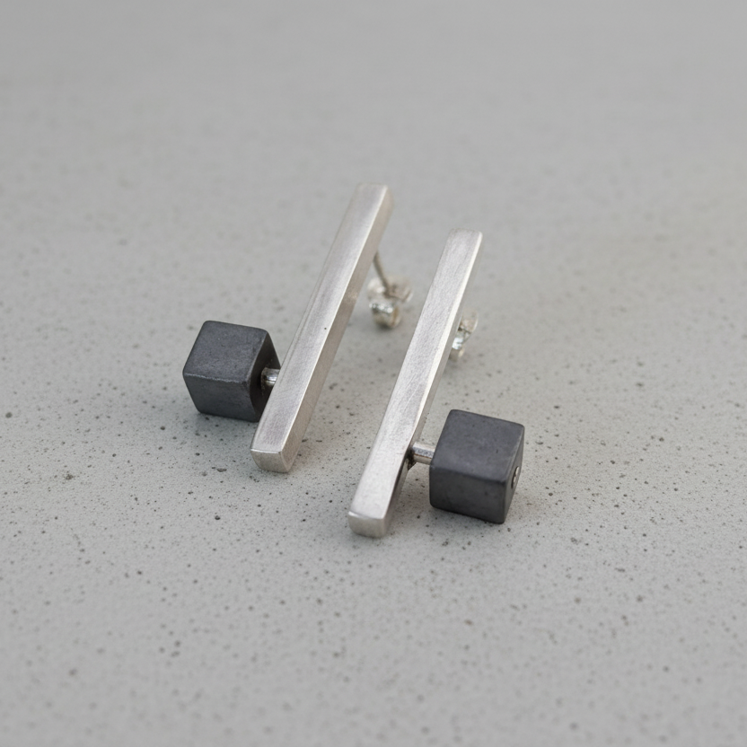 LUCY BURKE - Bar Studs with Hematite Cubes, Sterling Silver