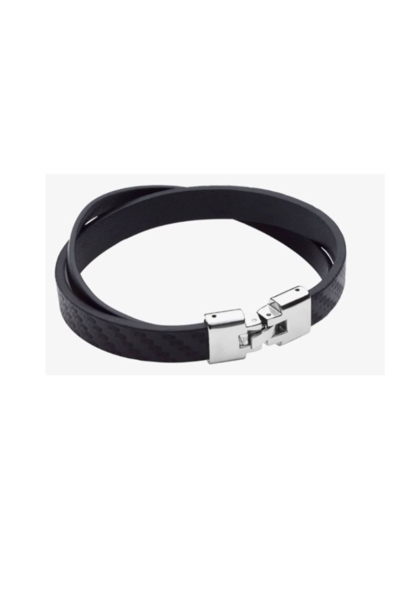 FRED BENETT Steel black leather textured bracelet