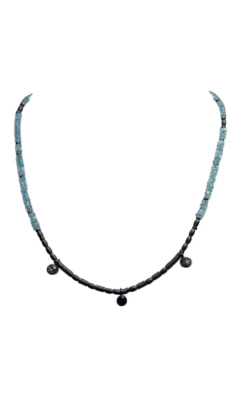 BEA JARENO - Indian summer Shanti necklace recycled oxidised sterling silver with Hematite and Apatite beads. White topaz and London blue topaz gemstones