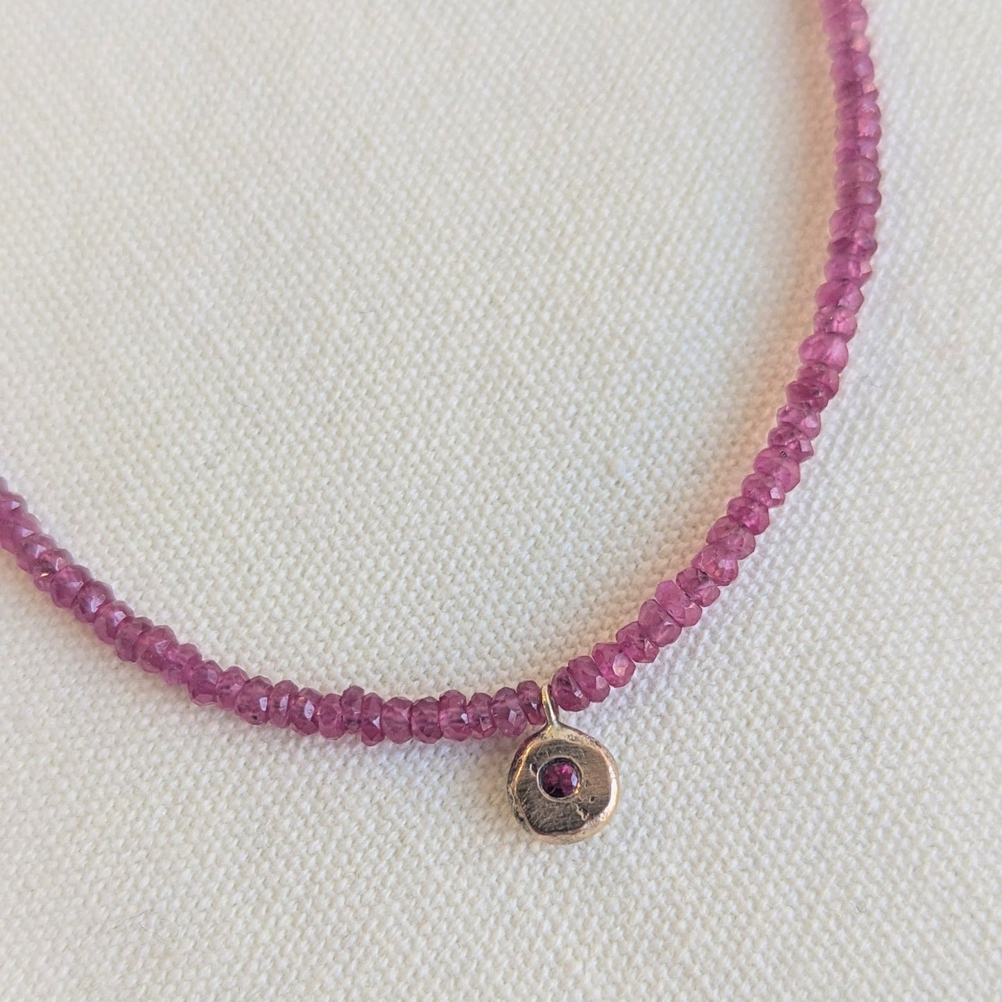 ANNE MORGAN - Ruby Beaded Necklace with Ruby Pendant set in 9ct Yellow Gold