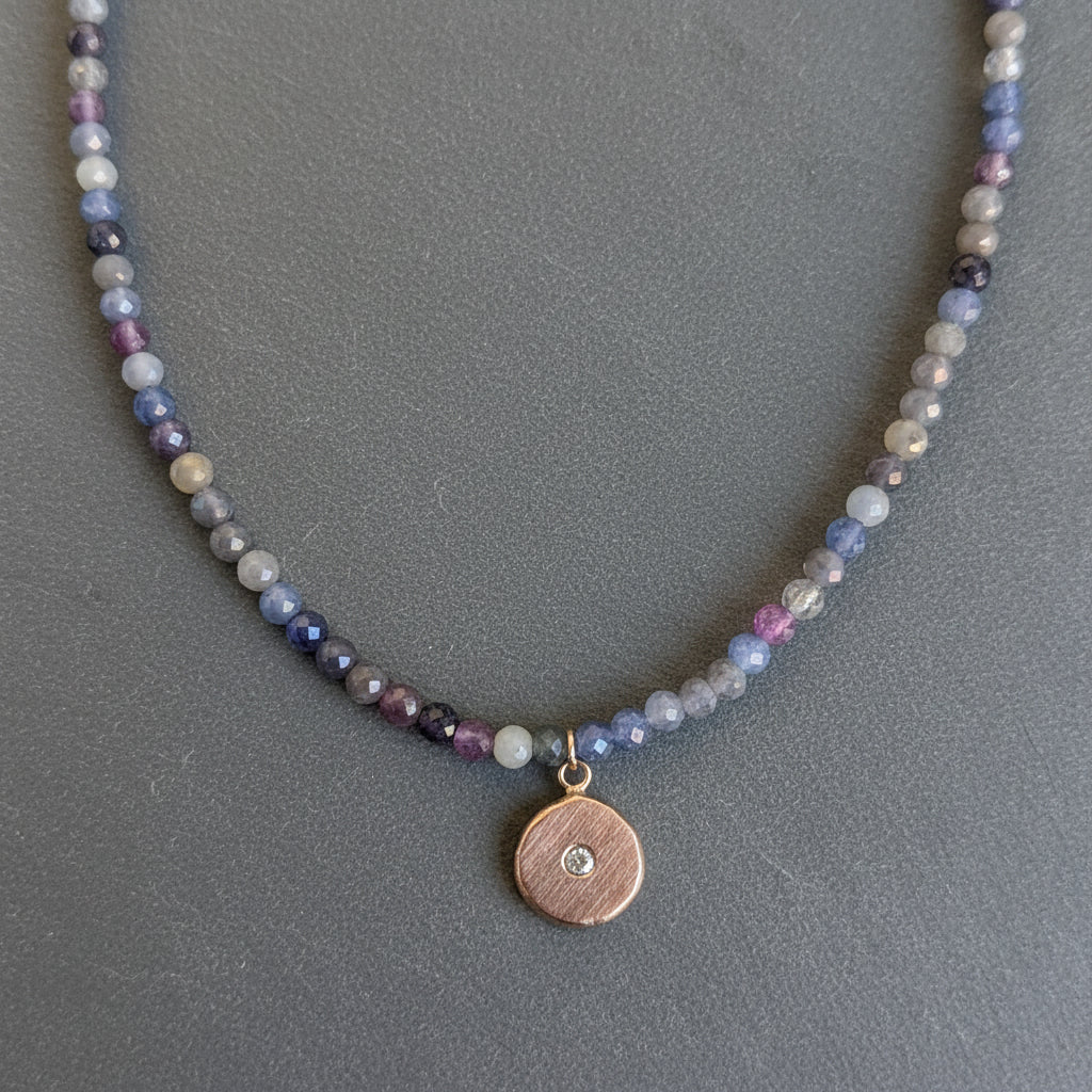 ANNE MORGAN - Sapphire Beaded Necklace with Diamond Pendant set in 9ct Yellow Gold