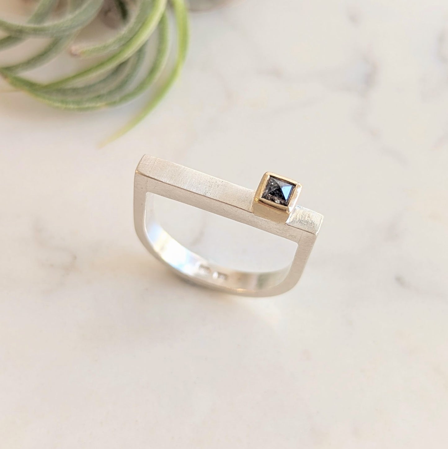 Silver D Ring with Grey Diamond