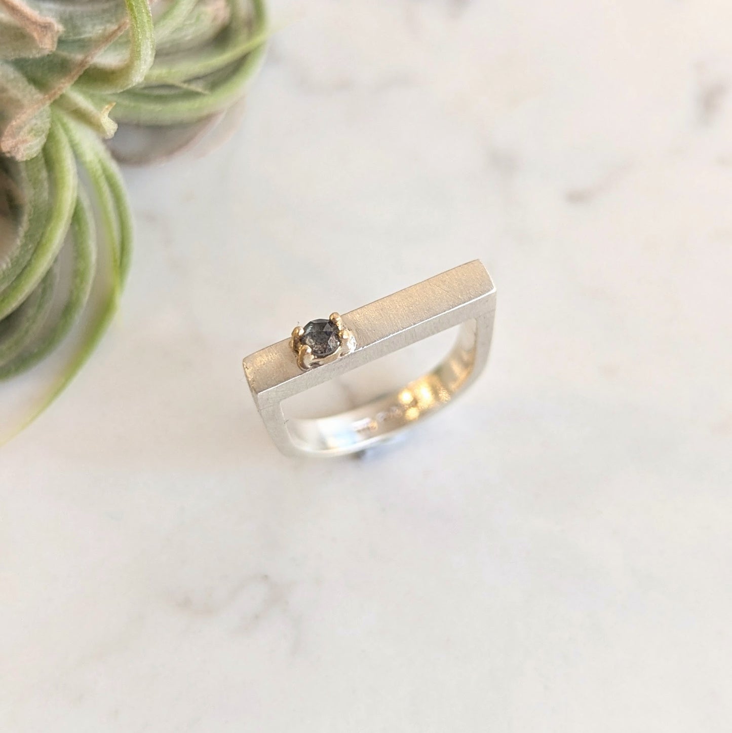 Silver D Ring with Grey Diamond