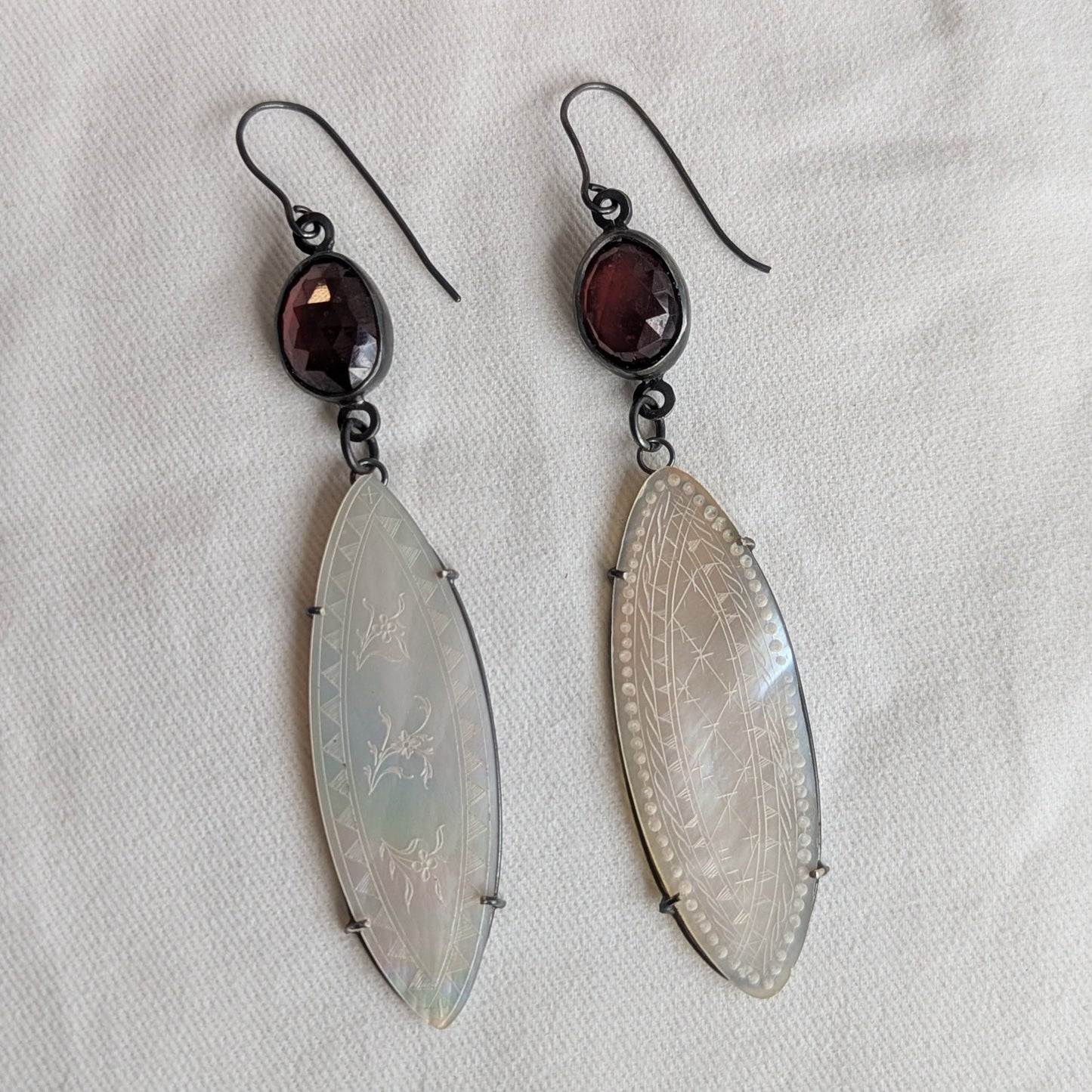 ANNE MORGAN - Eliza- Garnet Drops in Oxidised Silver with Mother of Pearl