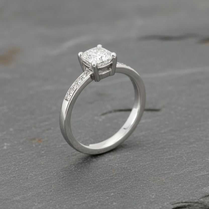 ANNE MORGAN - Platinum and Cushion Cut Natural Diamond Ring