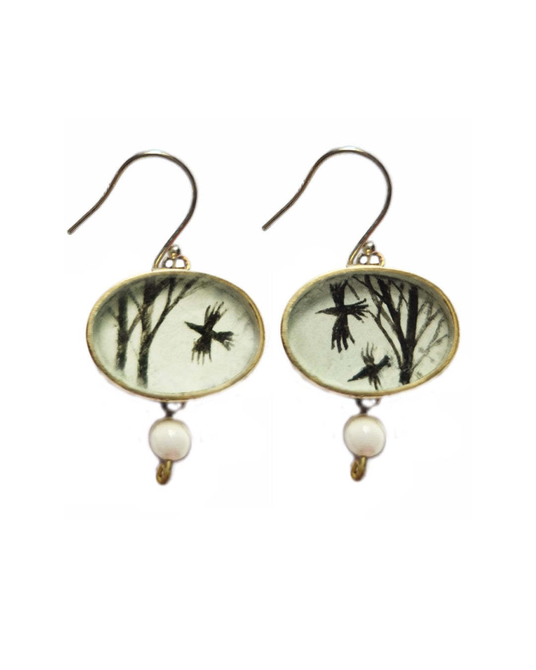 RL22 - Rookery earrings, handpainted insert, brass, resin, black antique glass drops, oxidised silver hooks