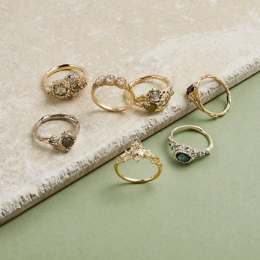 SARAH BROWN - Wave Diamond Ring with Pear Shaped Green Diamond - 9ct Yellow Gold