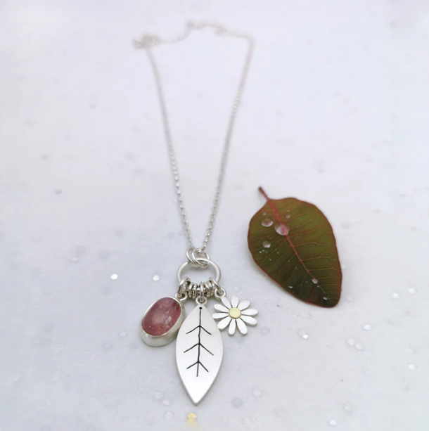 DIANA GREENWOOD  Aster, leaf and rosecut pink sapphire necklace in sterling silver & 18ct gold