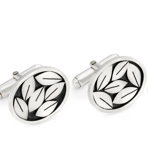 DIANA GREENWOOD Oval Silver & oxidised silver Leaf Cufflinks