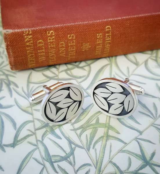 DIANA GREENWOOD Oval Silver & oxidised silver Leaf Cufflinks