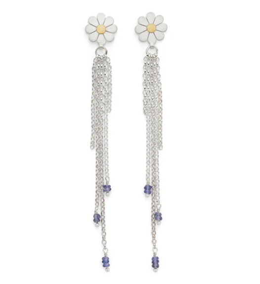 DIANA GREENWOOD Daisy and tassel earrings in silver & 18ct gold and tanzanites