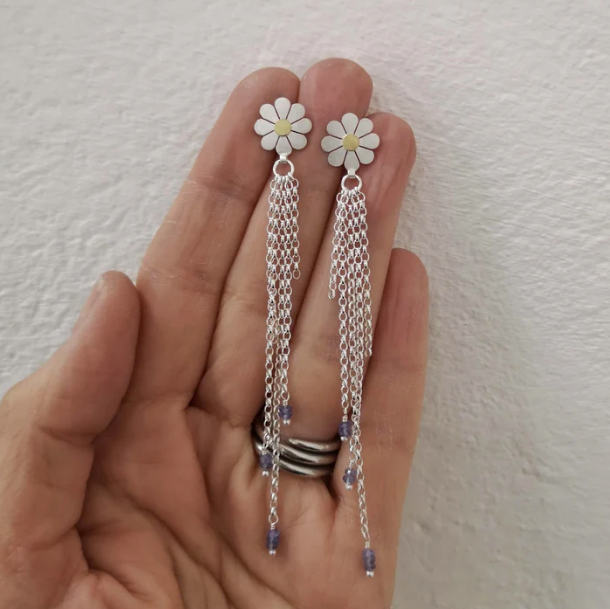 DIANA GREENWOOD Daisy and tassel earrings in silver & 18ct gold and tanzanites