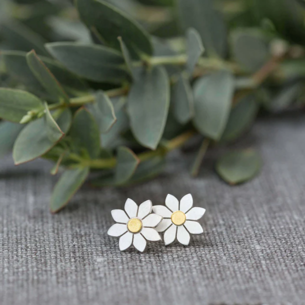 DIANA GREENWOOD Little Dahlia flower earrings in silver & 18ct gold