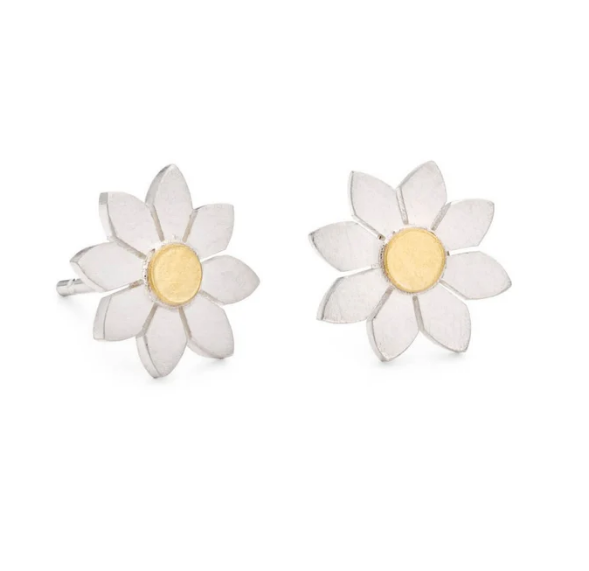 DIANA GREENWOOD Little Dahlia flower earrings in silver & 18ct gold