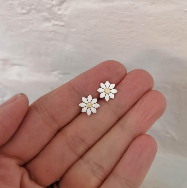 DIANA GREENWOOD Little Dahlia flower earrings in silver & 18ct gold