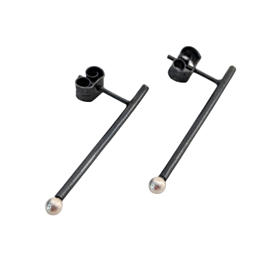 WIKTOR JEWELLERY - Sterling Silver and Oxidised Silver Stud Earrings Long Tube with Silver Ball